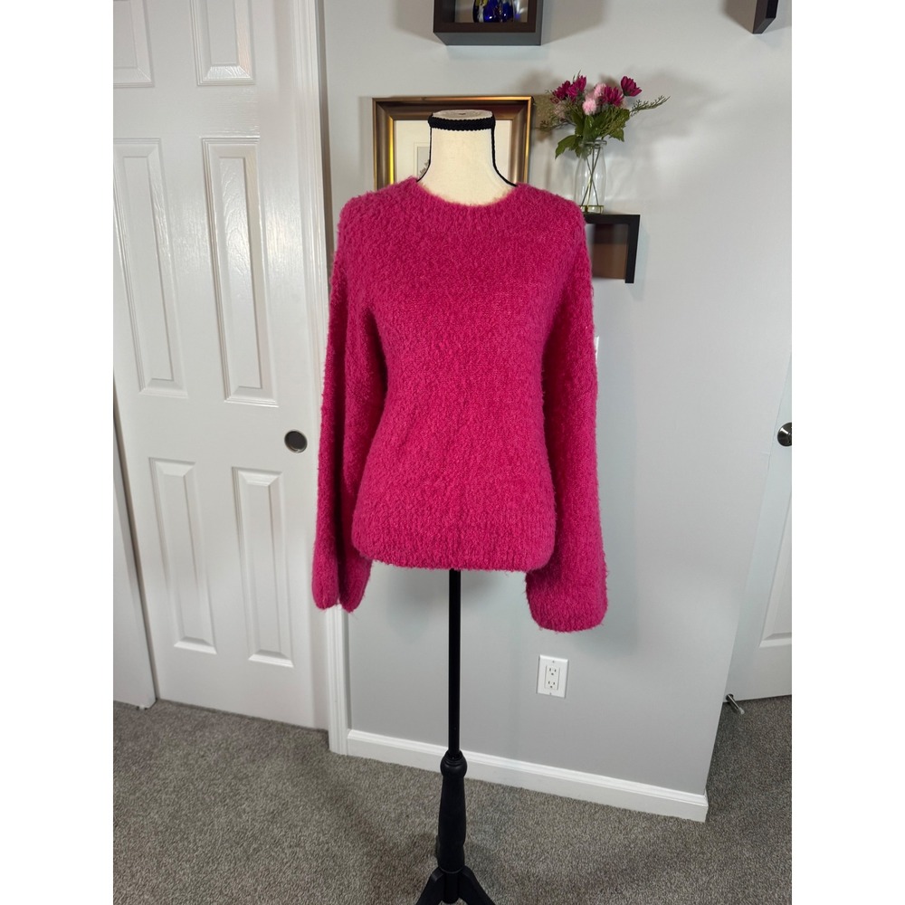 1.STATE Womens Hot Pink Fuzzy Eyelash Knit Crewneck Sweater Size M Pullover